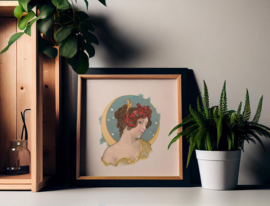 Vintage Woman and Moon - Art Nouveau Moon Print - Moon Goddess Art Deco - Moon Print Square - Beige and Blue