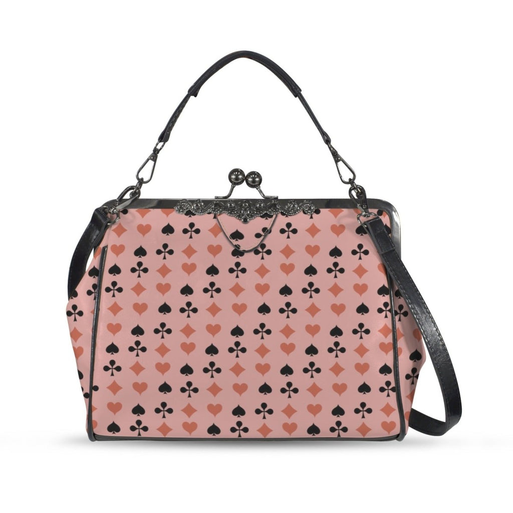 Playing Card Kiss Lock Handbag – Pink & Black Retro Crossbody Purse - DesignBohemian