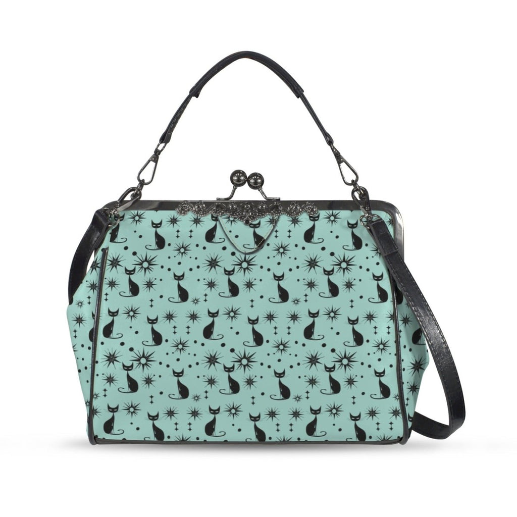 Mid Century Cat Kiss Lock Handbag – Teal & Black Retro Crossbody Purse - DesignBohemian
