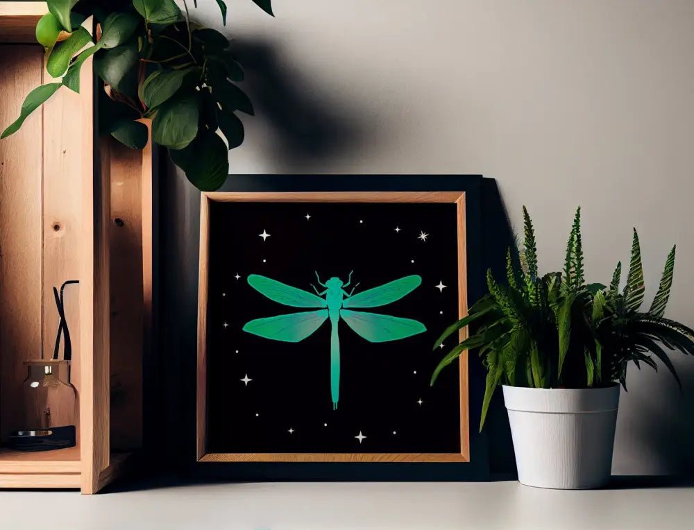 Dragonfly Print Square Vintage Linocut Green Wall Art Exquisite Spirit Animal Decor by My Store