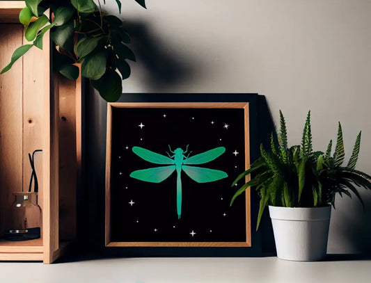 Dragonfly Print Square Vintage Linocut Green Wall Art Exquisite Spirit Animal Decor by My Store