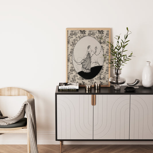 Vintage Fairy Print: Beige Toille Vintage Poster - Art Nouveau - Framed