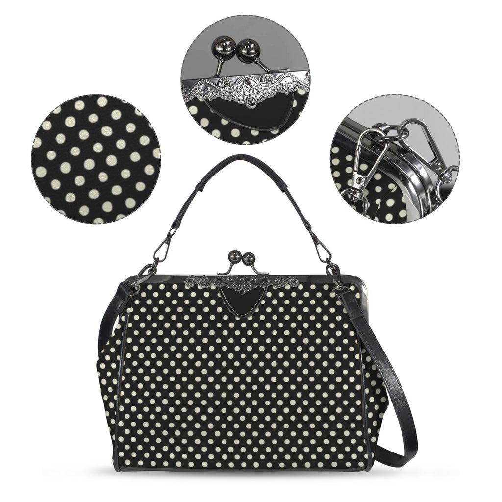 Midnight Confetti Kiss-lock Handbag – Black and Cream Polka Dot Purse