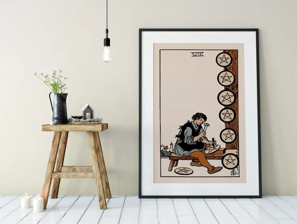 Eight of Pentacles Tarot Card Print Poster in Neutral Tones for Elegant Home Wall Art Decor by My Store