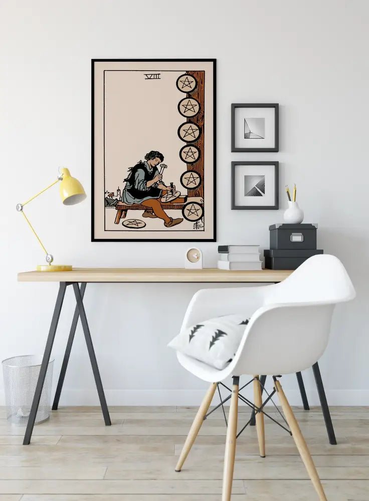 Eight of Pentacles Tarot Card Print Poster in Neutral Tones for Elegant Home Wall Art Decor by My Store