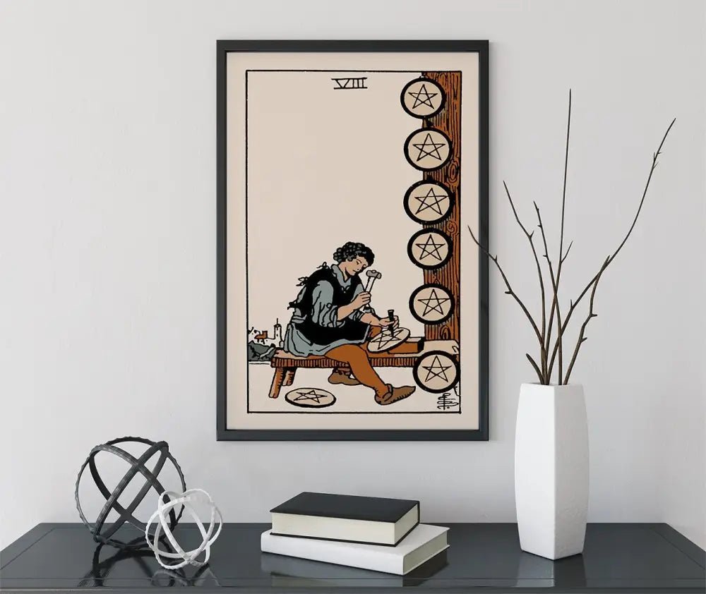 Eight of Pentacles Tarot Card Print Poster in Neutral Tones for Elegant Home Wall Art Decor by My Store