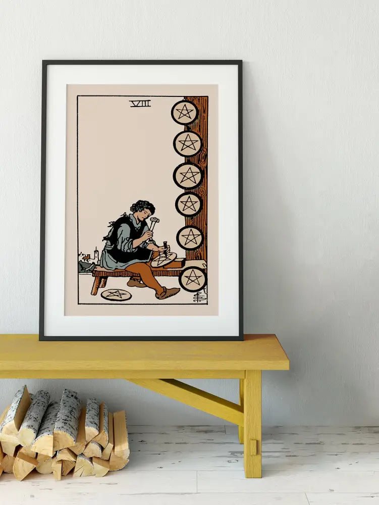 Eight of Pentacles Tarot Card Print Poster in Neutral Tones for Elegant Home Wall Art Decor by My Store