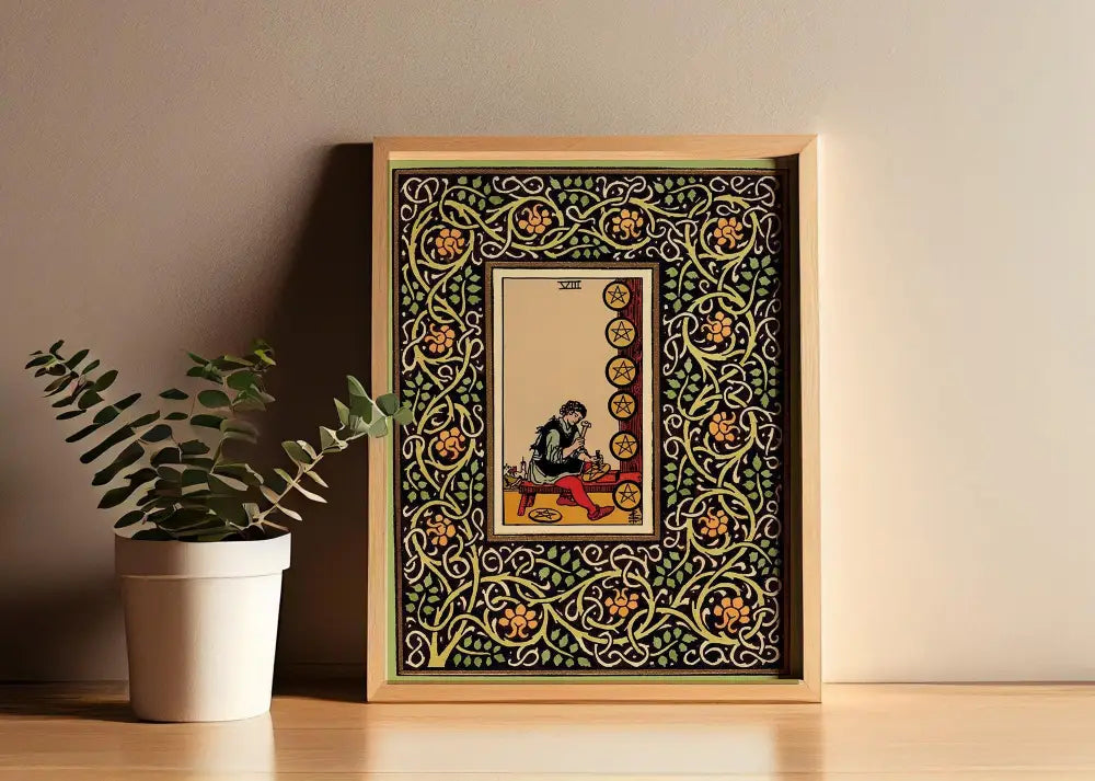 Eight Of Pentacles Vintage Shabby Chic Tarot Poster Nouveau Print Green And Yellow Floral Art Nouveau by DesignBohemian