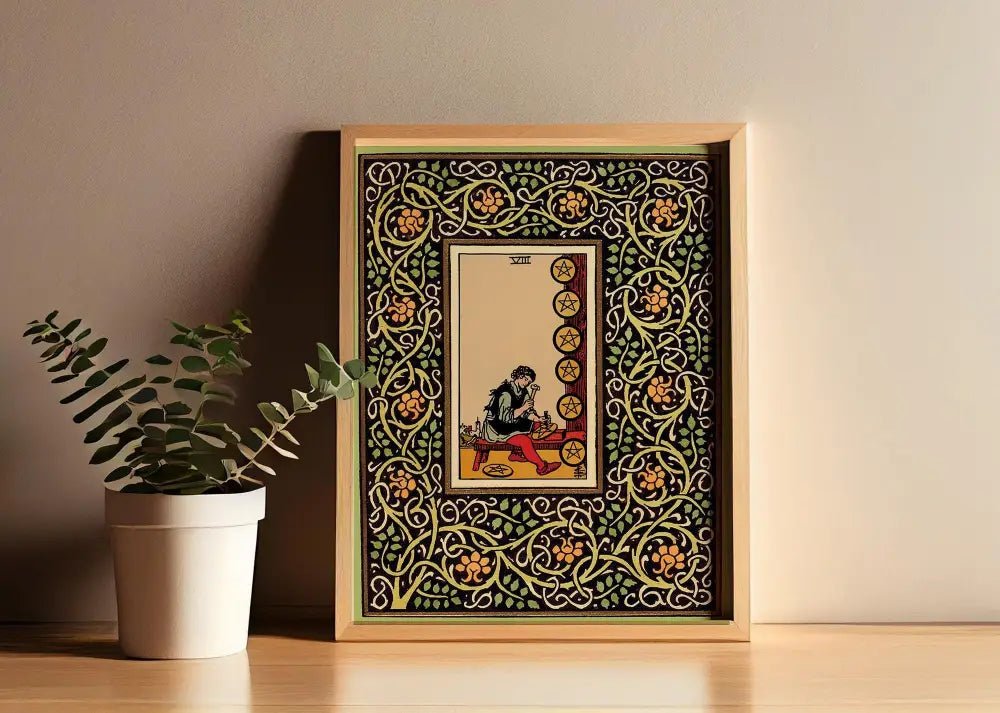 Eight Of Pentacles Vintage Shabby Chic Tarot Poster Nouveau Print Green And Yellow Floral Art Nouveau by DesignBohemian