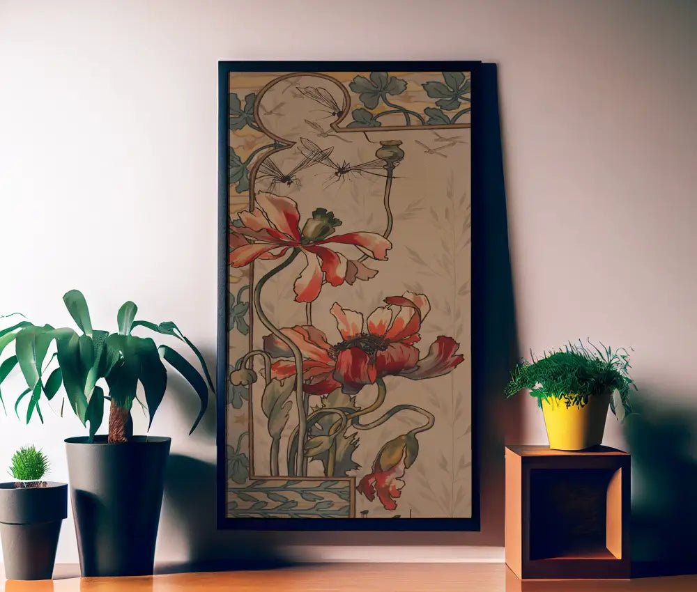 Floral Art Nouveau Print Bohemian Long Poster In Rich Red And Beige Hues For Elegant Wall Decor by My Store