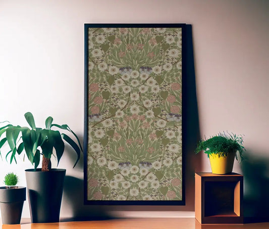 Floral Art Nouveau Print In Green With Pink Accents Large Poster For Boho Chic Living Room Decor by My Store