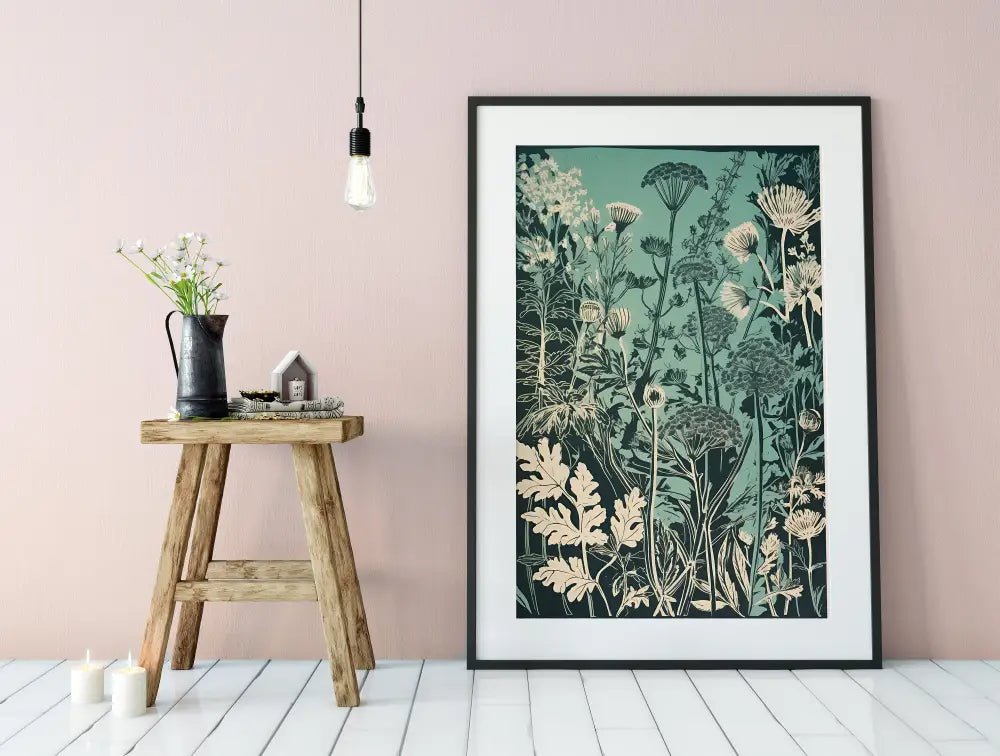 Floral Botanical Print Vintage Green And Black Large Artwork by My Store