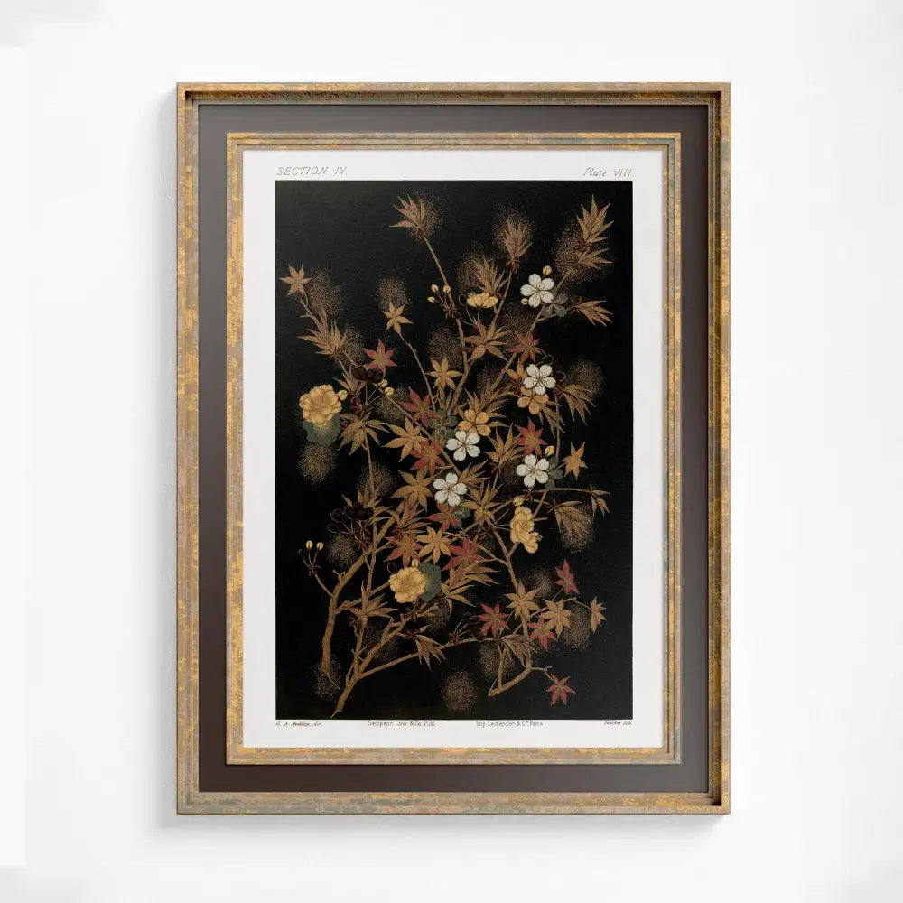 Floral Japanese Print Moody Art Nouveau Beige Gold Wall Art Large Premium Archival Quality by My Store