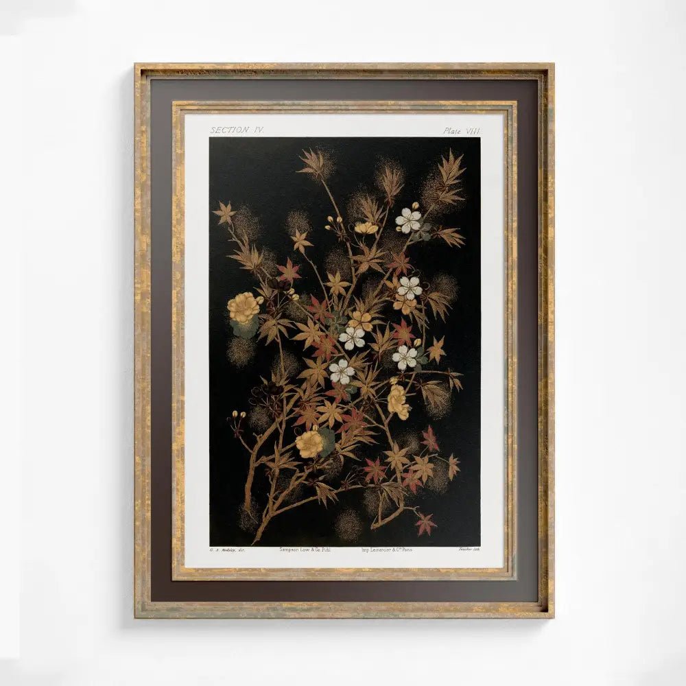 Floral Japanese Print Moody Art Nouveau Beige Gold Wall Art Large Premium Archival Quality by My Store