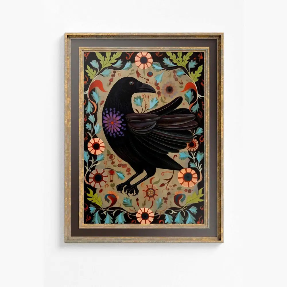 Folk Art Crow Print Raven Wall Art Crow Spirit Poster Ravens and Flowers Vintage Beige Premium Archival Paper 230gsm by DesignBohemian
