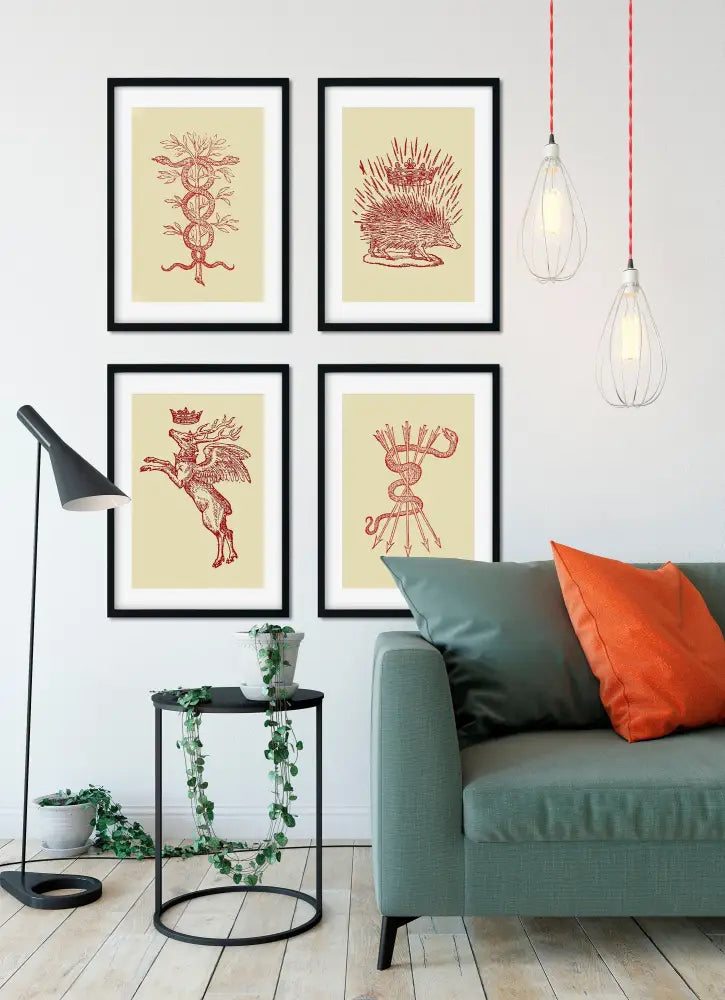 Four Minimalist French Emblems Caduceus Porcupine And Crown By Claude Paradin From Historic Devises Heroiques Edition by My Store