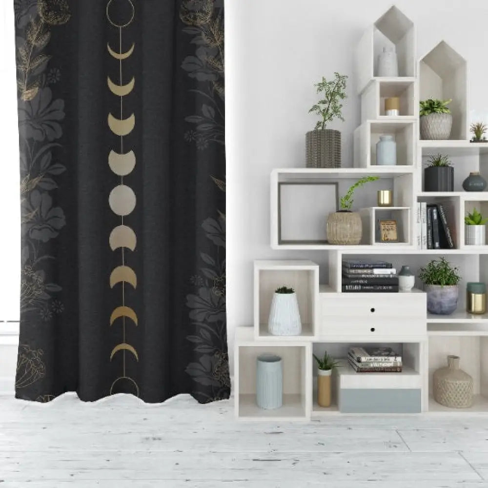 Gold Moon Phases Curtain with Flowers - Moon Alchemy Design Bohemian Art by DesignBohemian