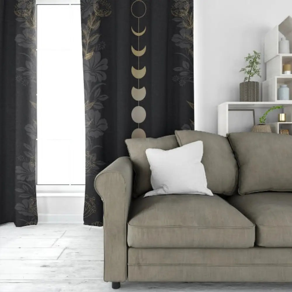 Gold Moon Phases Curtain with Flowers - Moon Alchemy Design Bohemian Art by DesignBohemian