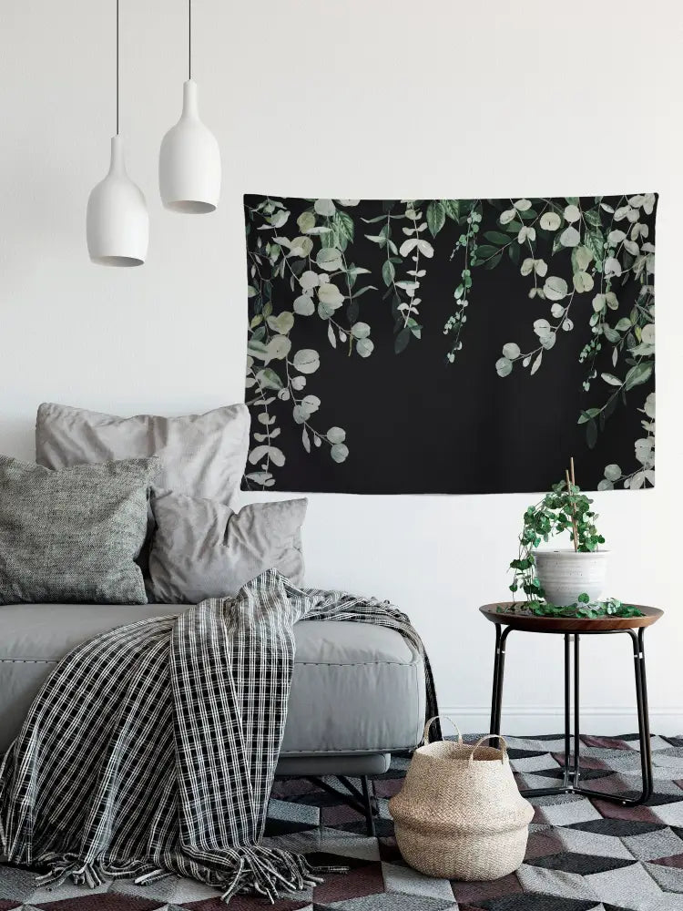 Green Plants - Eucalyptus Tapestry- Black Background Bohemian Tapestry Wall Hanging Meditation Yoga Grunge Hippie by DesignBohemian
