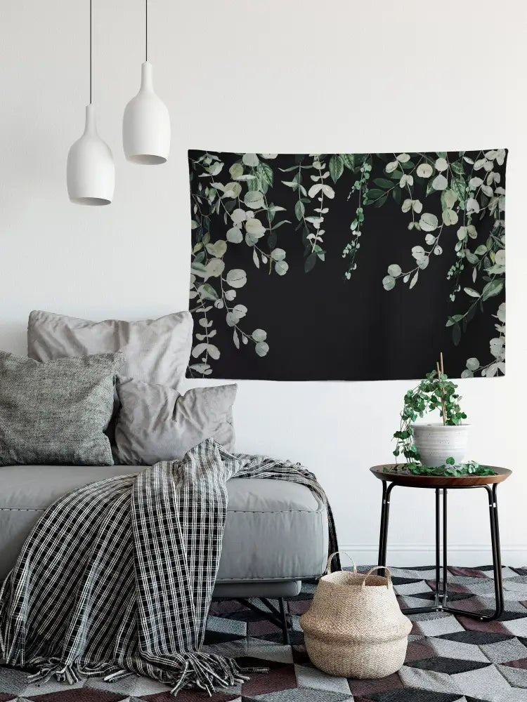 Green Plants - Eucalyptus Tapestry- Black Background Bohemian Tapestry Wall Hanging Meditation Yoga Grunge Hippie by DesignBohemian