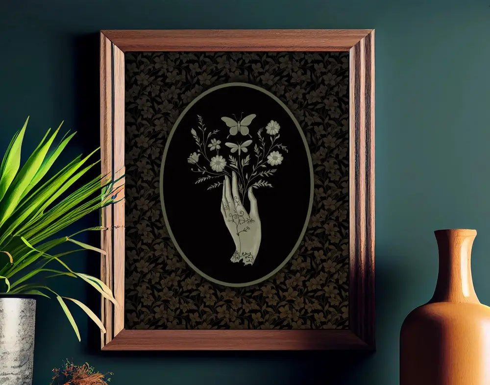 Hand Holding Flowers Illustration Gothic Dark Academia Print No Frame Wall Art Home Decor by My Store