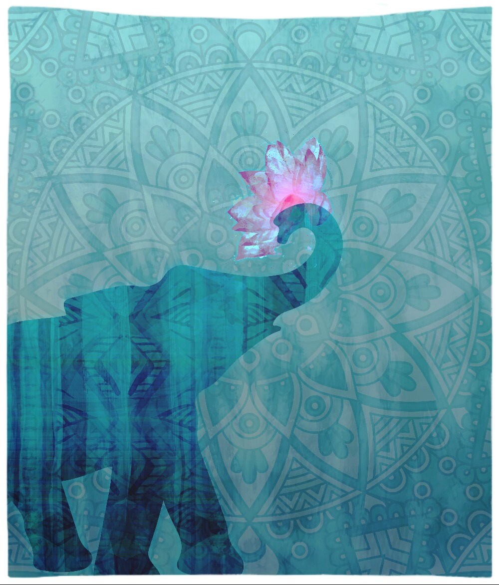Blue Elephant Tapestry Wall Hanging Teal Mandala Design With Pink Lotus by DesignBohemian