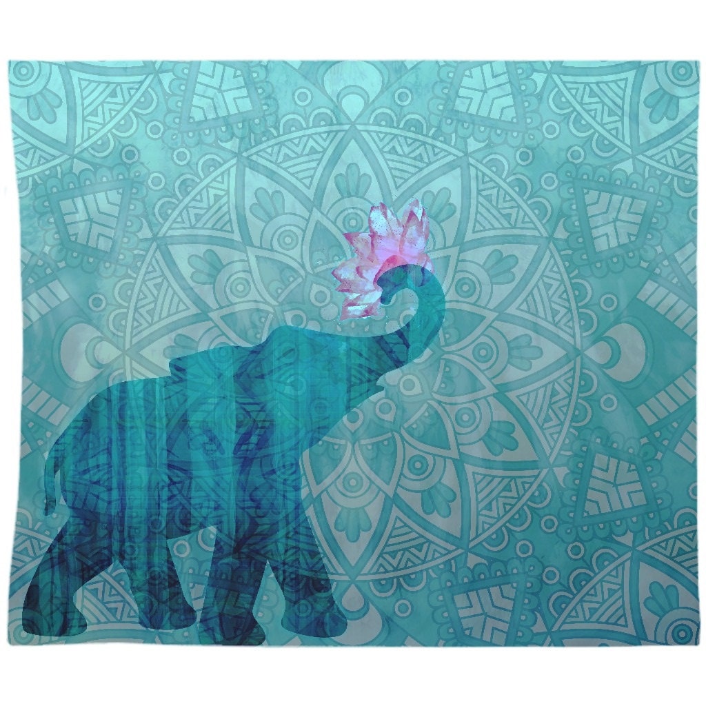 Blue Elephant Tapestry Wall Hanging Teal Mandala Design With Pink Lotus by DesignBohemian