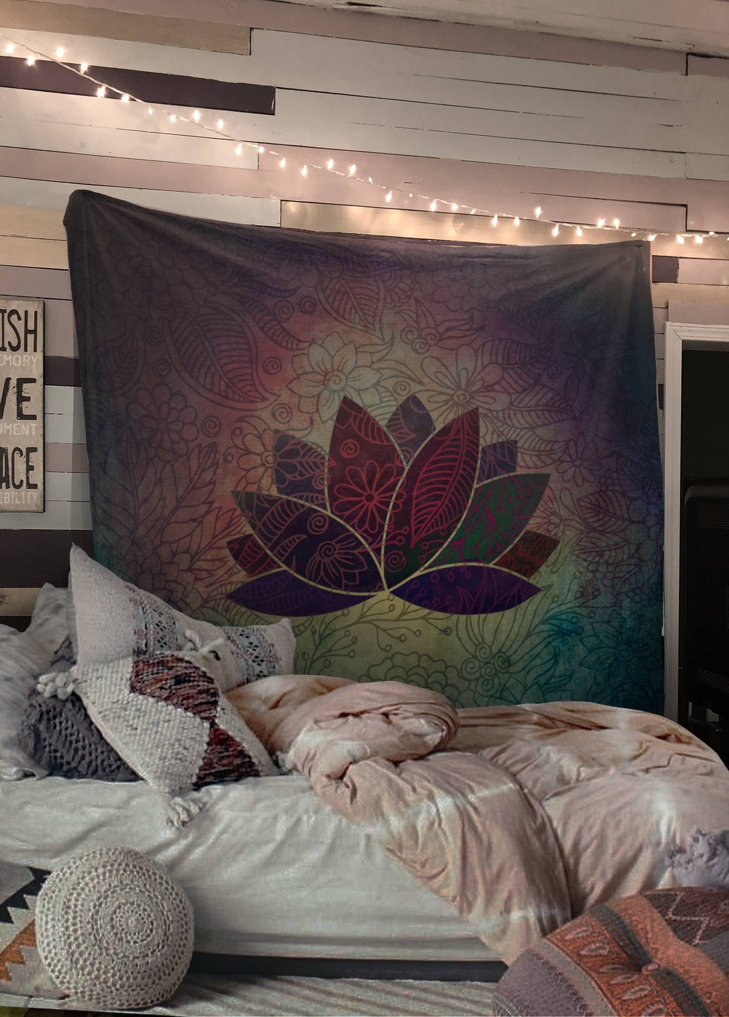 Lotus Tapestry Wall Hanging Chakra Bohemian Decor Neutral Colors by DesignBohemian