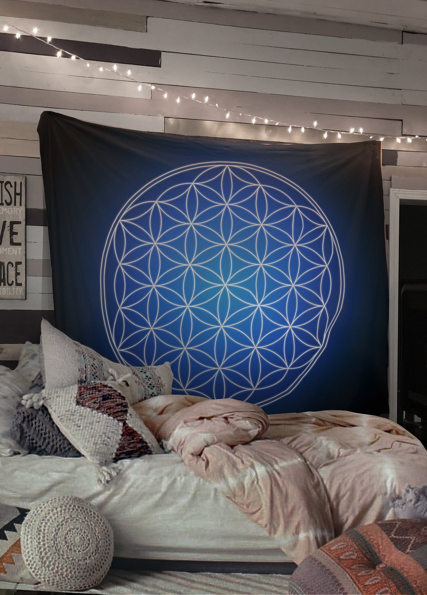 Blue Glowing Flower Of Life Tapestry