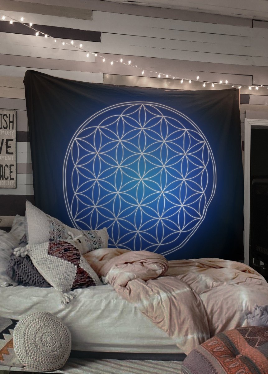 Blue Glowing Flower Of Life Tapestry