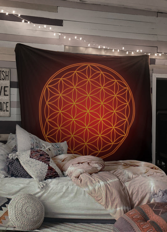 Red Glowing Flower of Life Tapestry