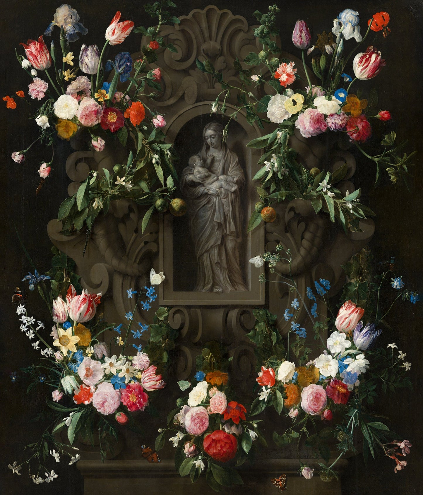 Virgin Mary Tapestry – Floral Garland, Gothic Wall Art