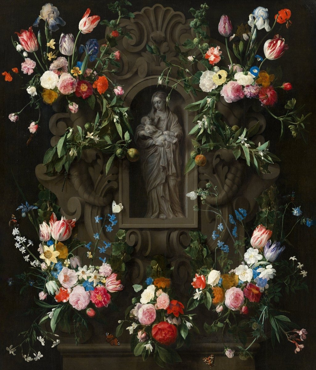 Virgin Mary Tapestry – Floral Garland, Gothic Wall Art