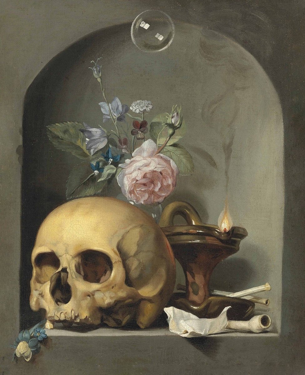 Skull And Roses Gothic Tapestry - Vanitas Vanitatum - Memento Mori Art- Hendrick Andriessen 1600s