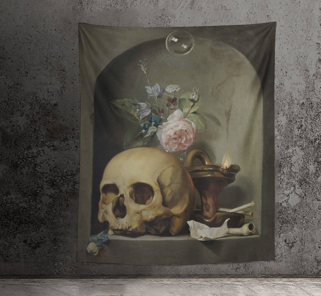 Skull And Roses Gothic Tapestry - Vanitas Vanitatum - Memento Mori Art- Hendrick Andriessen 1600s