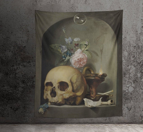 Skull And Roses Gothic Tapestry - Vanitas Vanitatum - Memento Mori Art- Hendrick Andriessen 1600s