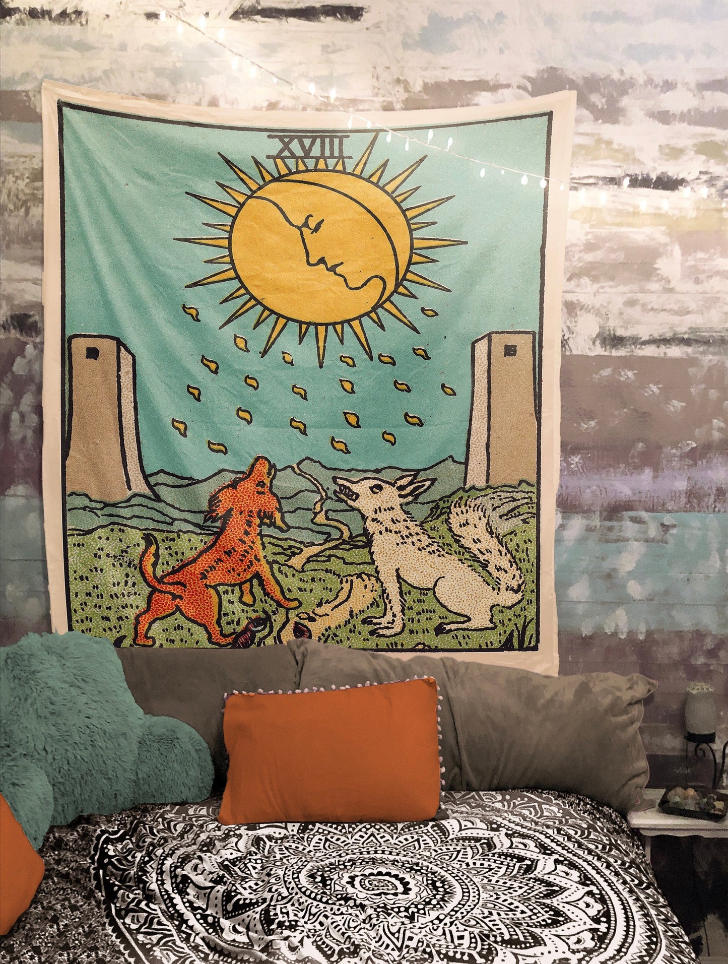 The Moon Tarot Card Tapestry - Teal Rider Waite Design