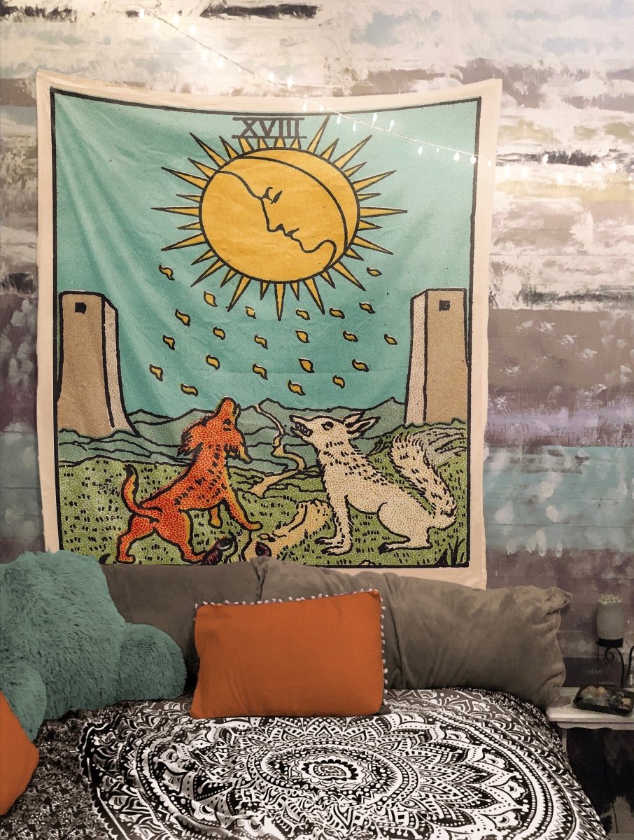 The Moon Tarot Card Tapestry - Teal Rider Waite Design