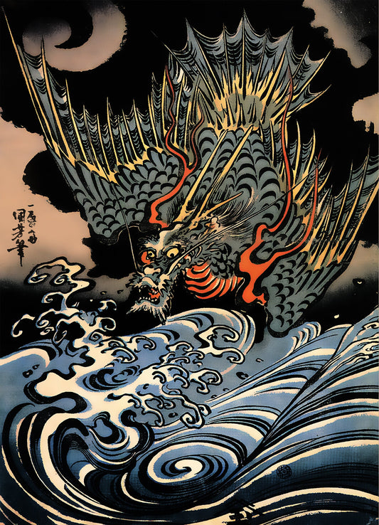 Japanese Dragon Tapestry - Ukiyo-e Style Wall Art (26x36")