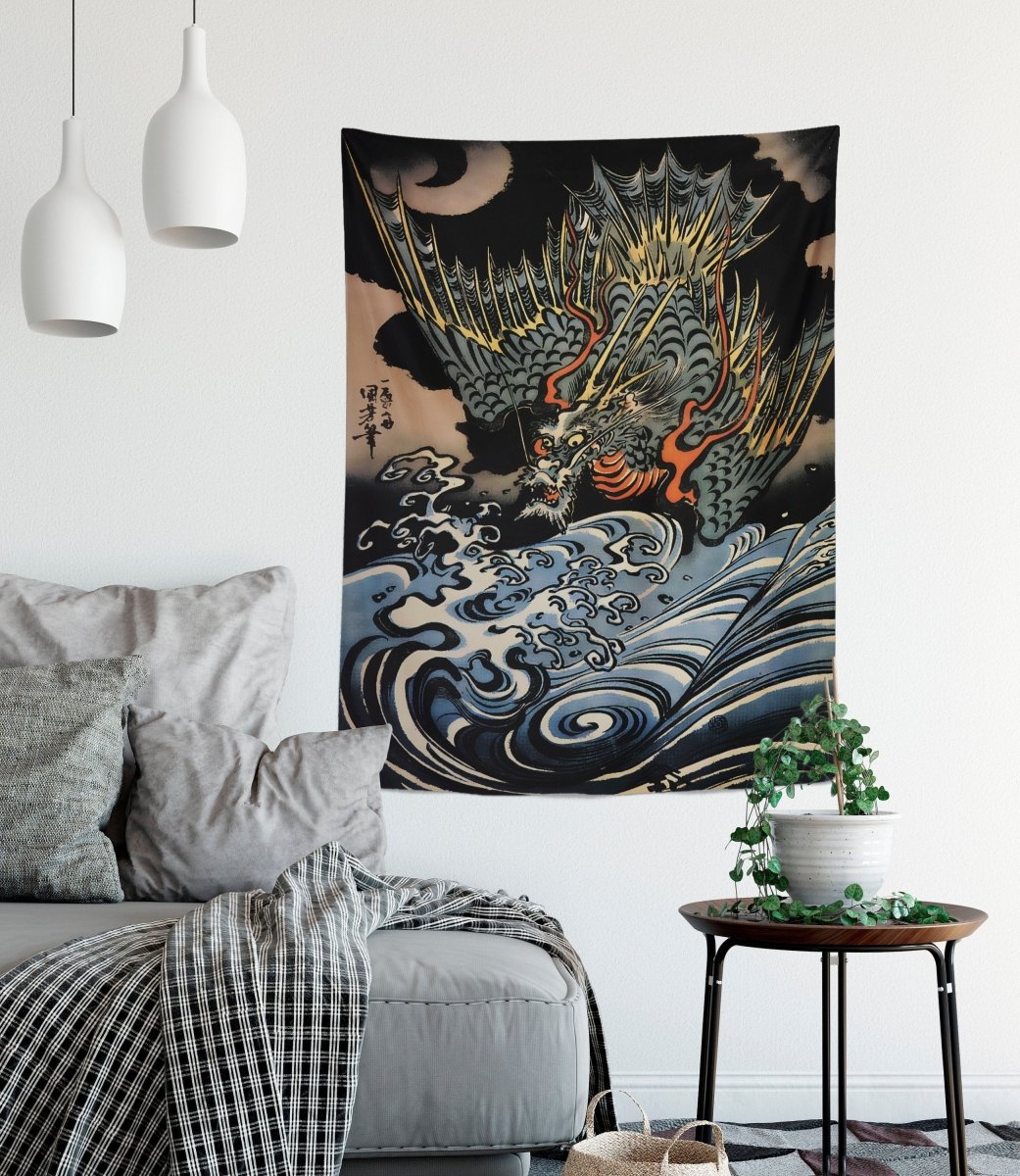 Japanese Dragon Tapestry - Ukiyo-e Style Wall Art (26x36")