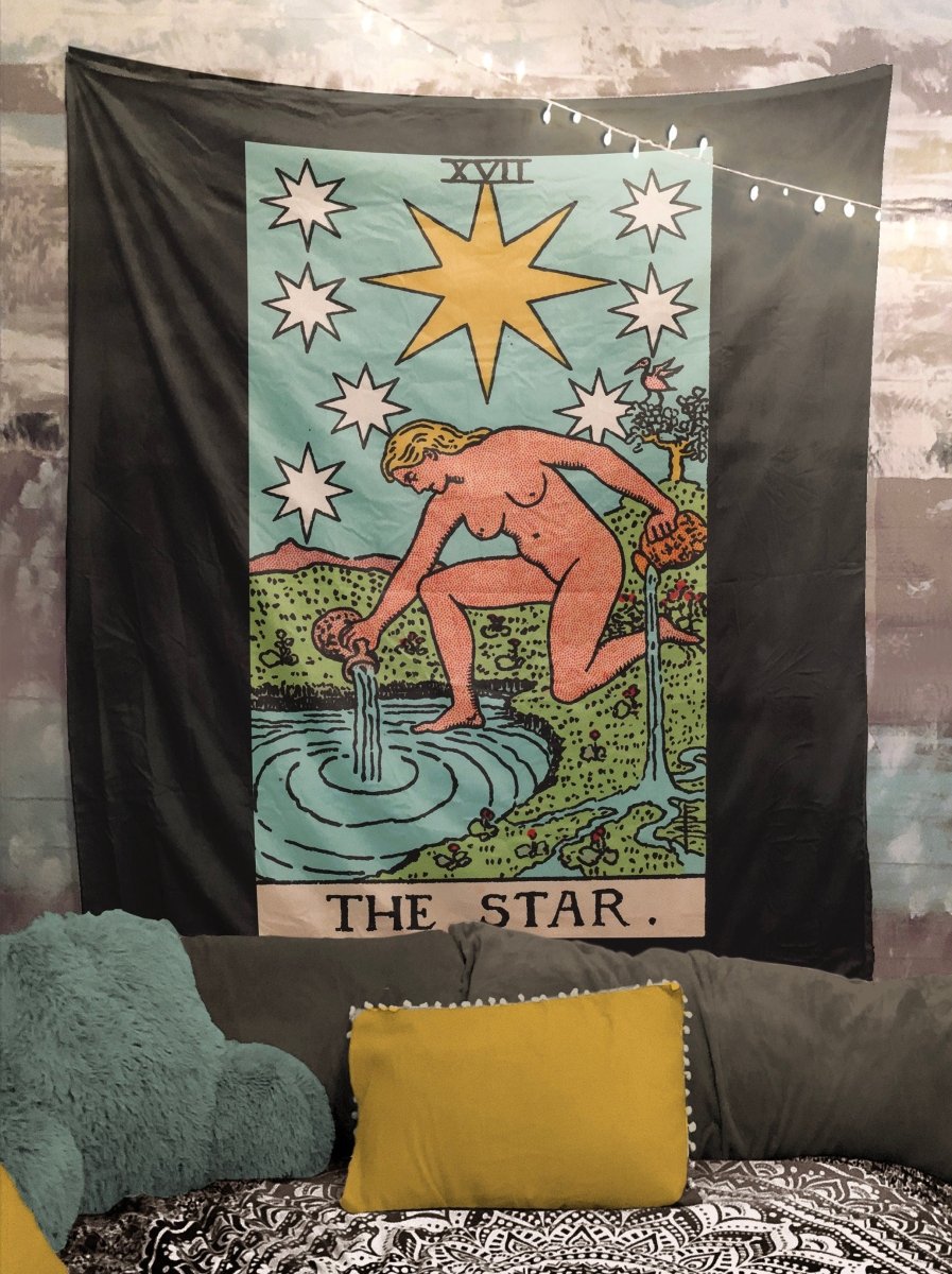 The Star Tarot Card Tapestry - Rider Waite, Teal on Black