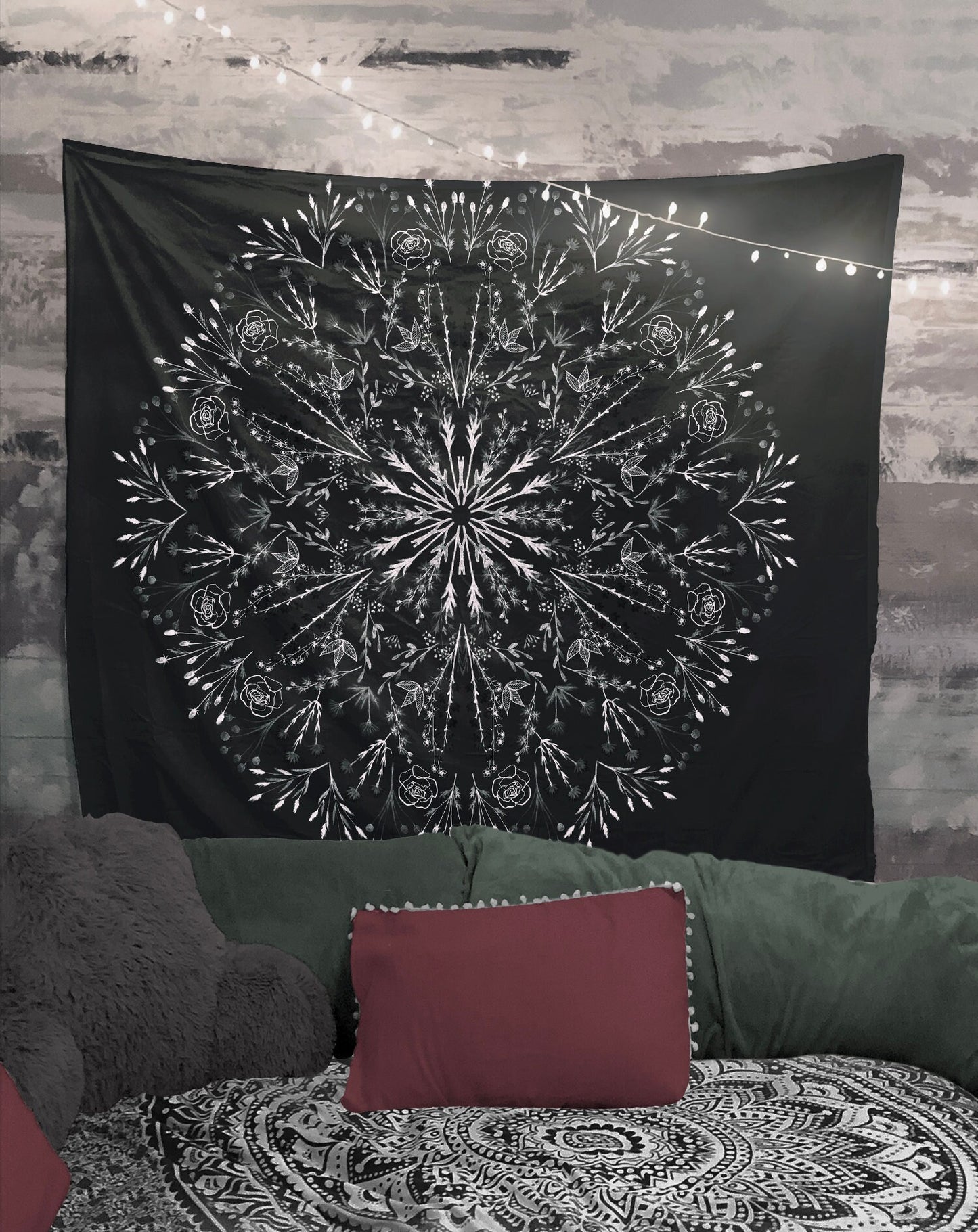 Wildflower black and white Watercolor Flowers Mandala Tapestry Wall Hanging Meditation Yoga Grunge Hippie by DesignBohemian