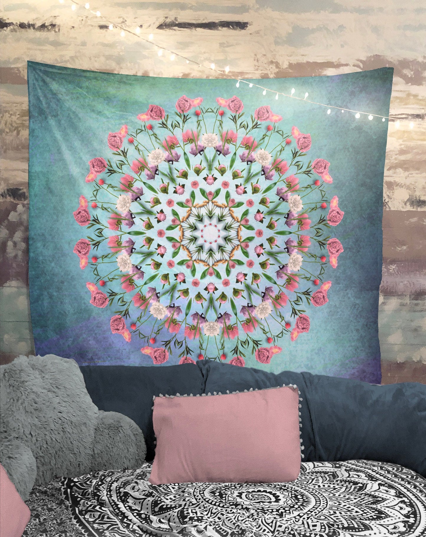 Real Flowers Mandala Tapestry Wall Hanging Meditation Yoga Grunge Hippie by DesignBohemian