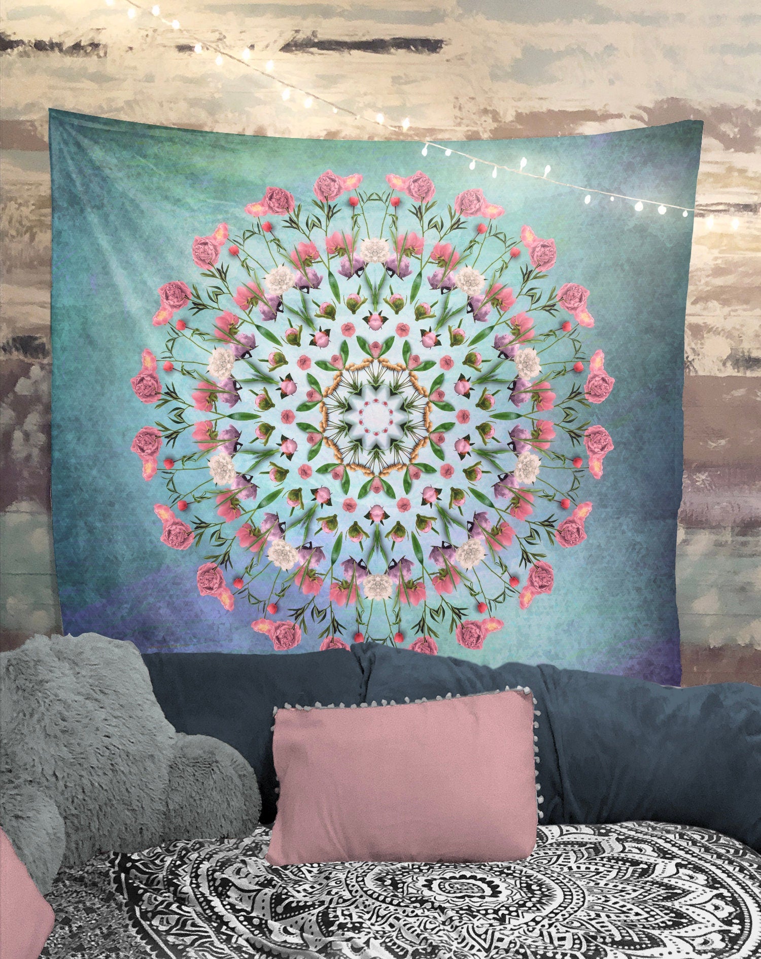 Real Flowers Mandala Tapestry Wall Hanging Meditation Yoga Grunge Hippie by DesignBohemian