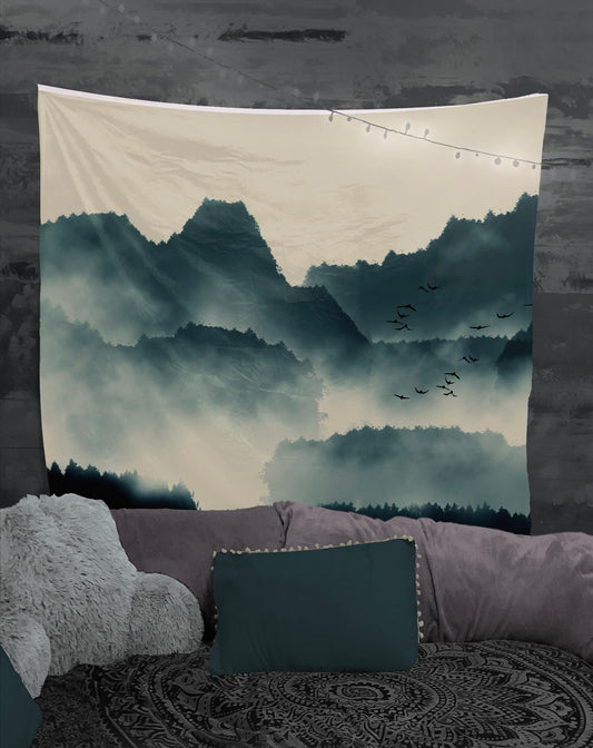 Minimalist Mountain Tapestry: Black and White Dip Dye Art by DesignBohemian