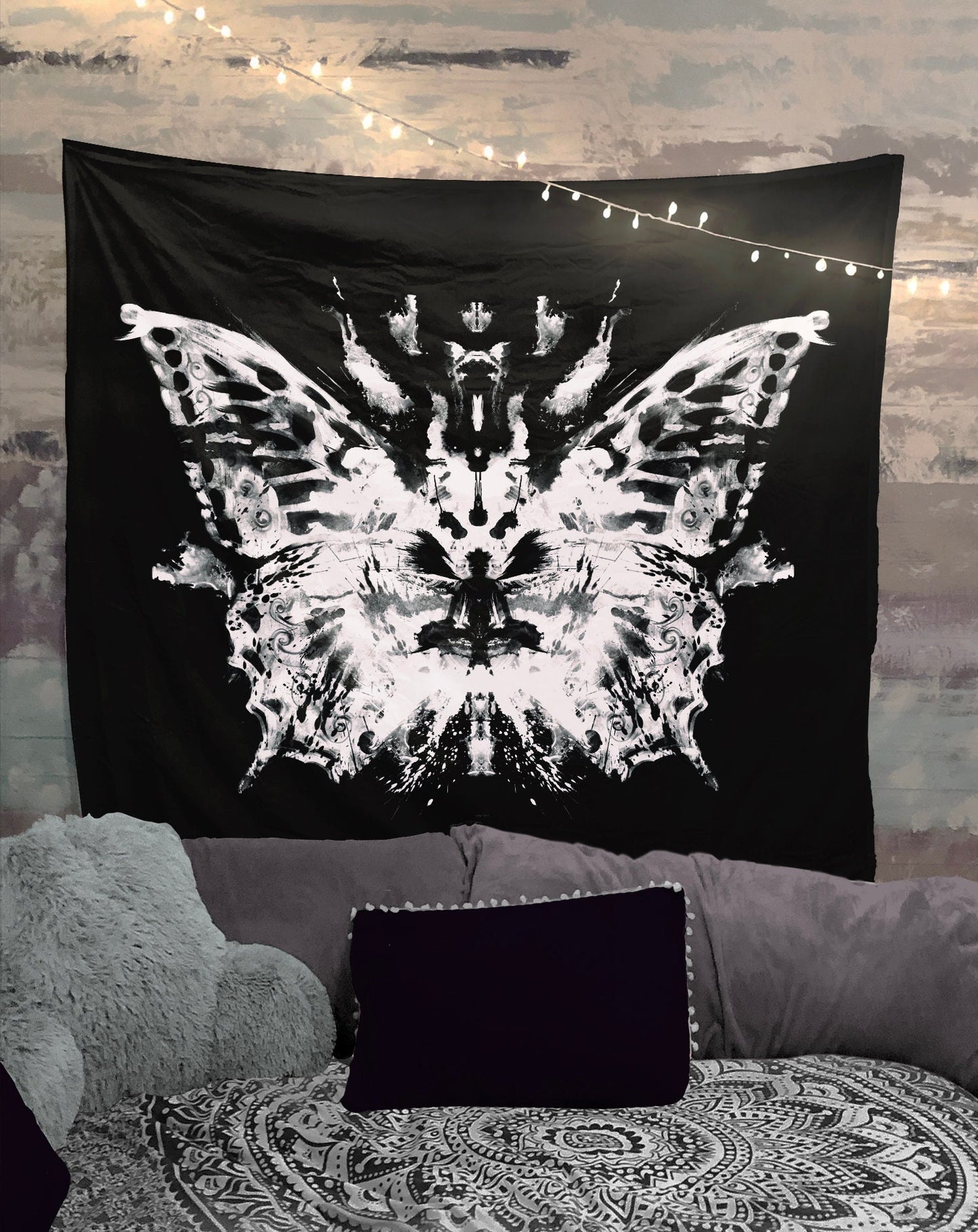 Butterfly Inkblot Tapestry Wall Hanging Black And White Meditation Grunge Hippie by DesignBohemian