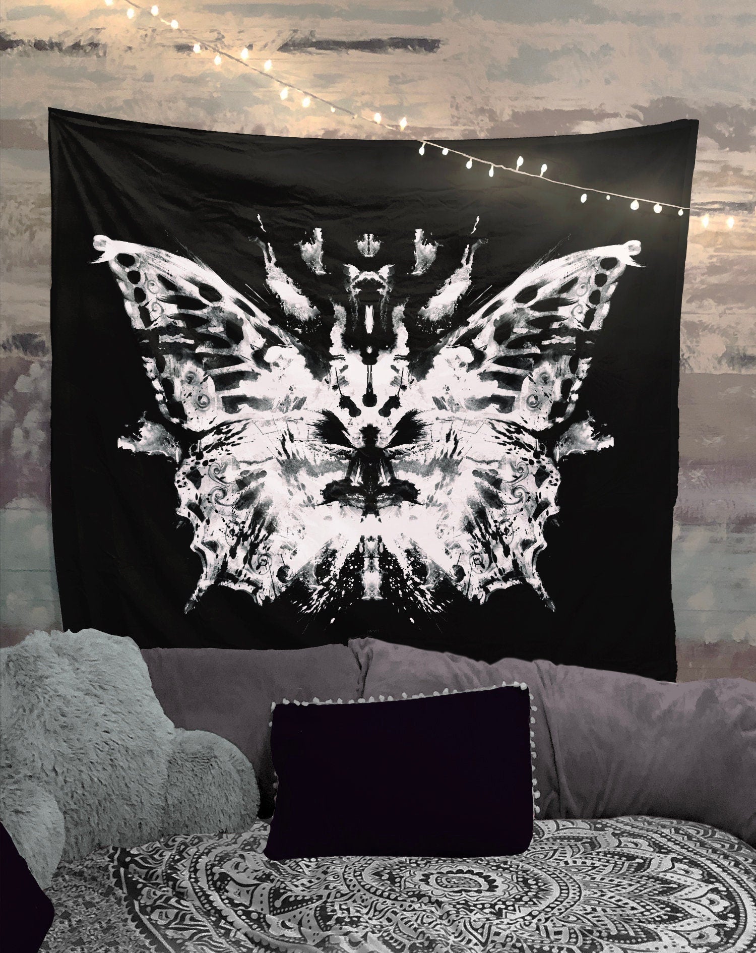 Butterfly Inkblot Tapestry Wall Hanging Black And White Meditation Grunge Hippie by DesignBohemian