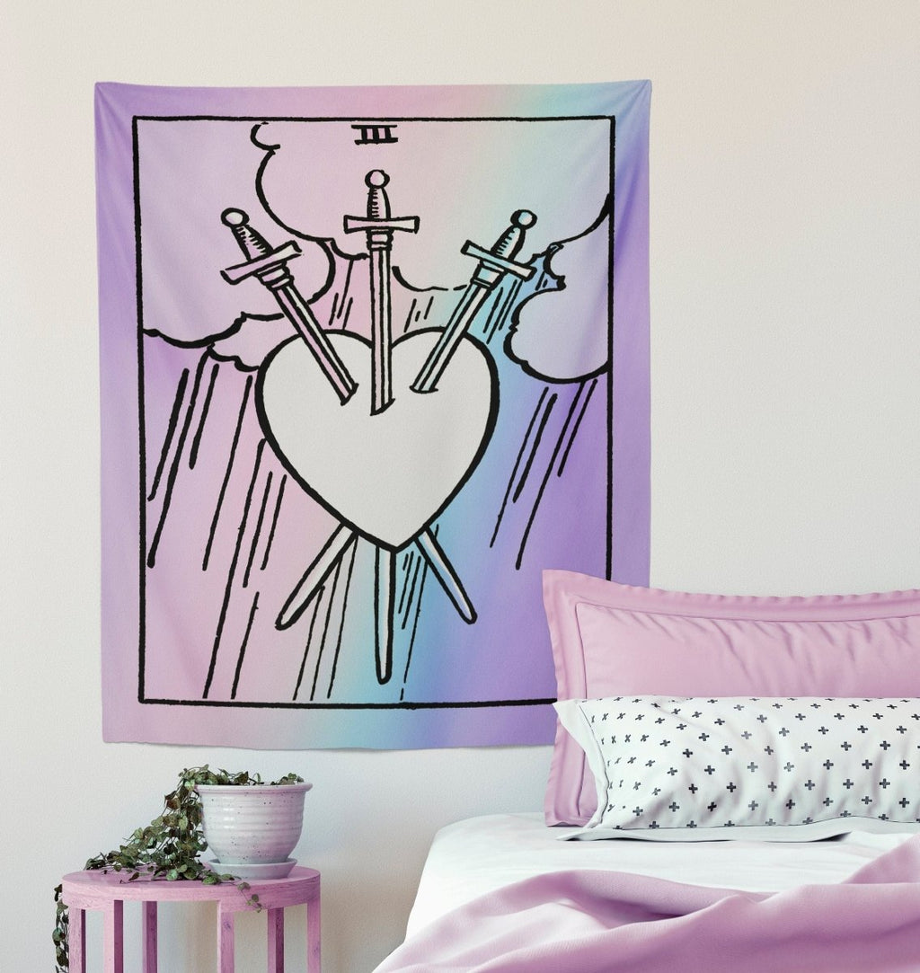 Three of Swords Tarot Card Tapestry - Rider Waite Pastel Goth