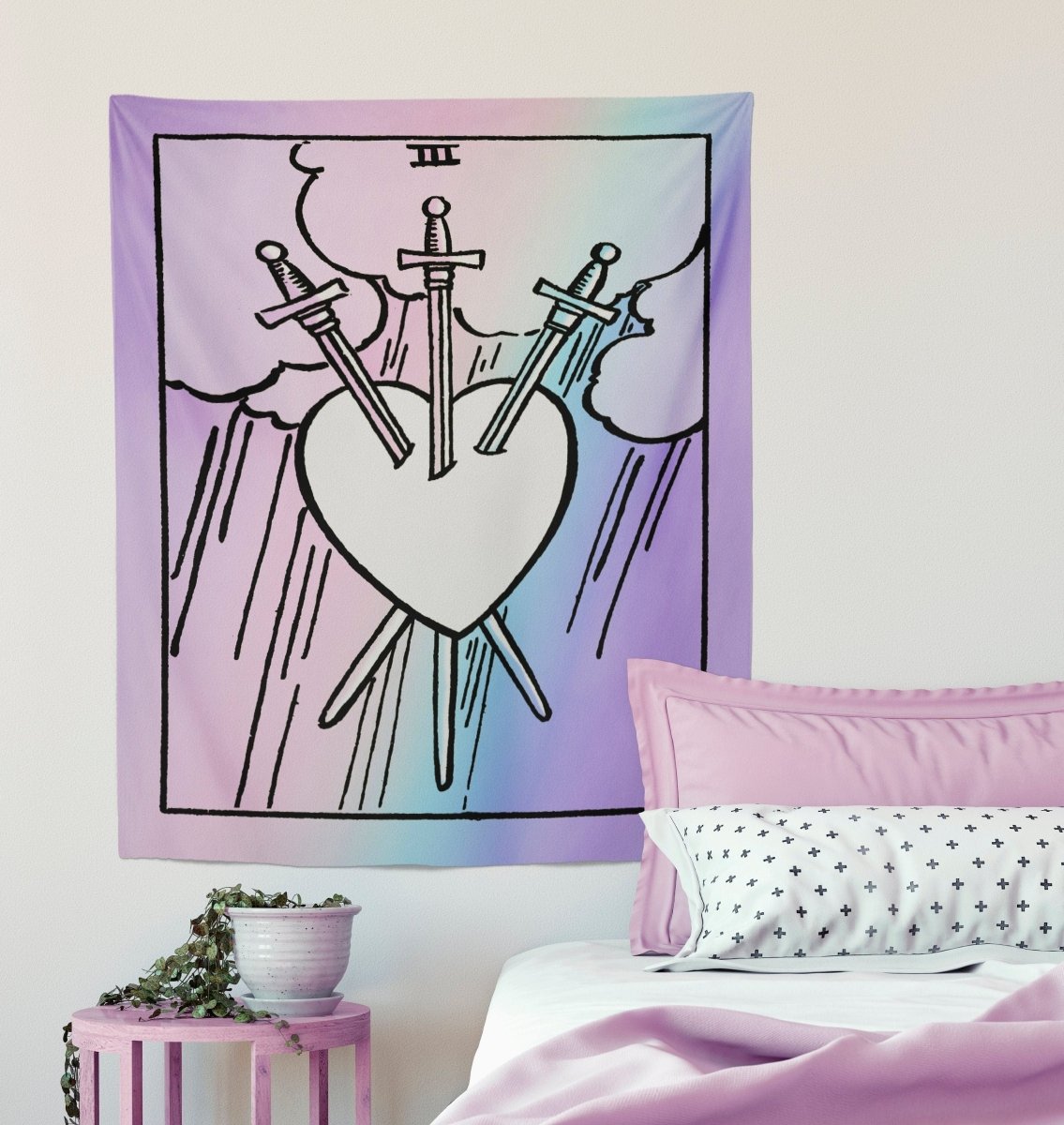 Three of Swords Tarot Card Tapestry - Rider Waite Pastel Goth