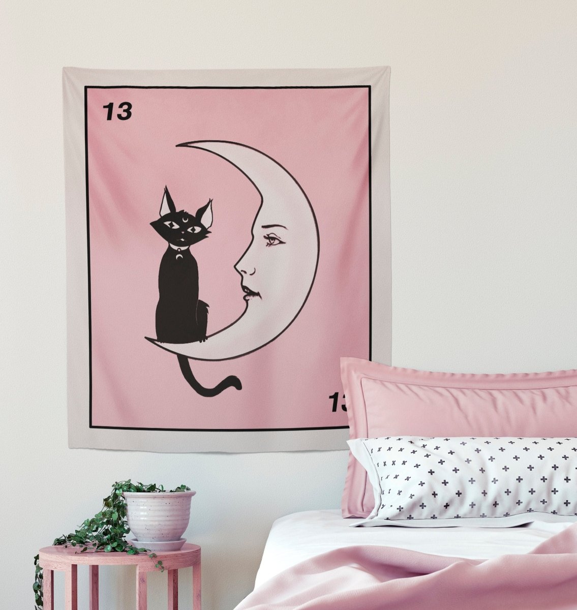 La Luna Cartoon Cat Card Moon Pink Tapestry